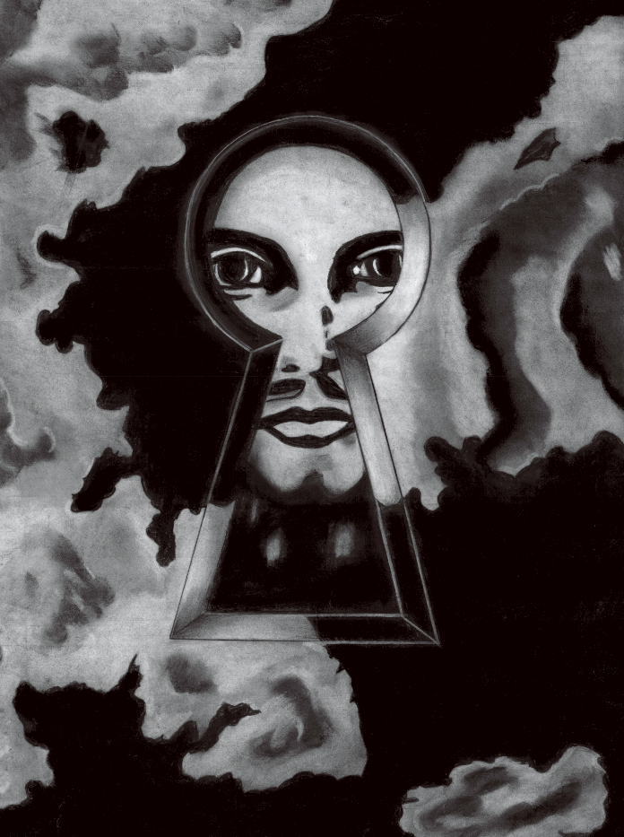 A hand-drawn charcoal artwork in black and grey representing Jesus through a keyhole surrounded by clouds, facing forward looking at the viewer.