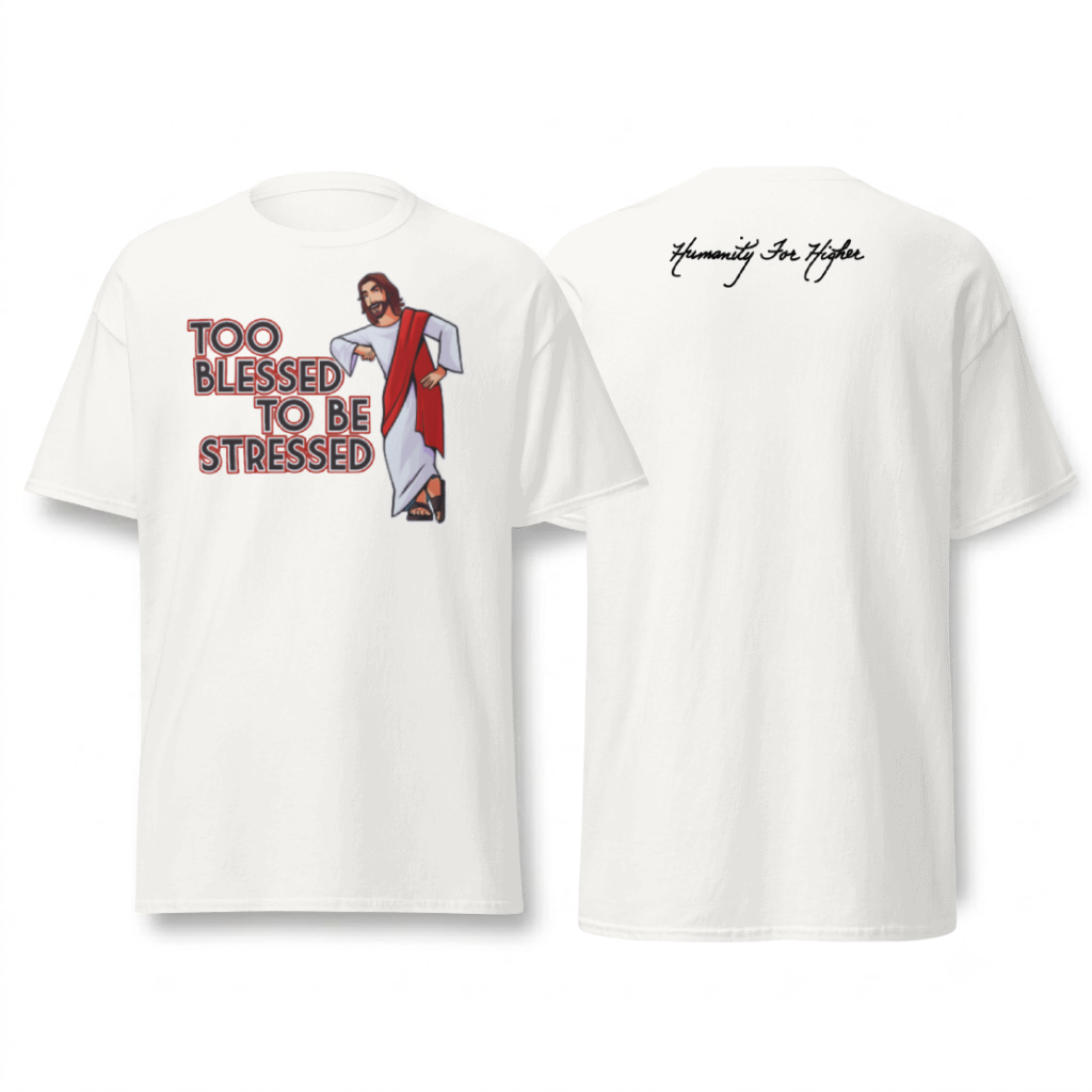 A white t-shirt featuring a design character of Jesus with the text 'Too Grateful to be Hateful" in bubble letting with a red outline around the text.