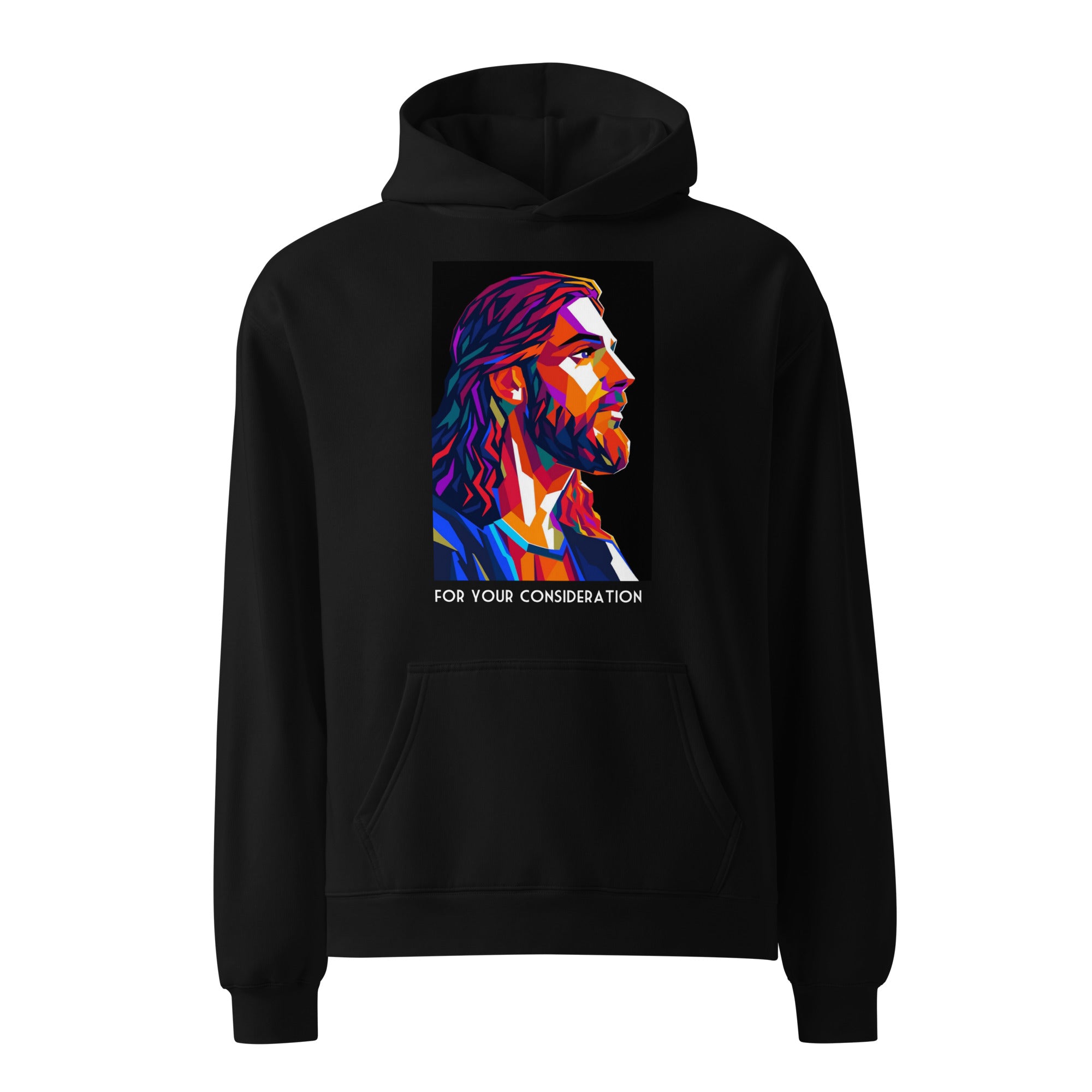 Product mockup hoodie with geometrical jesus on the front with for your consideration text