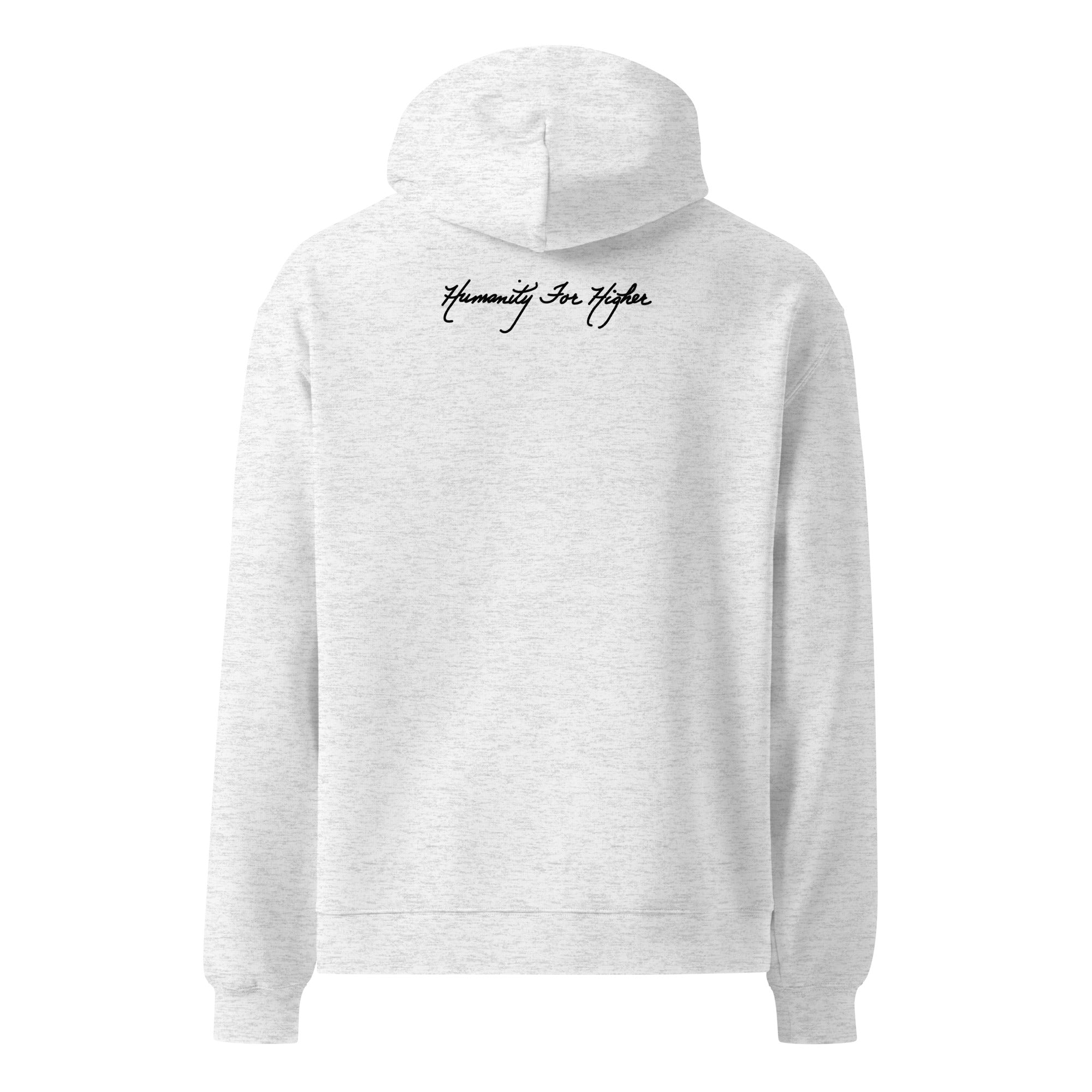 Product mockup hoodie in gray with Humanity for Higher cursive logo on the back