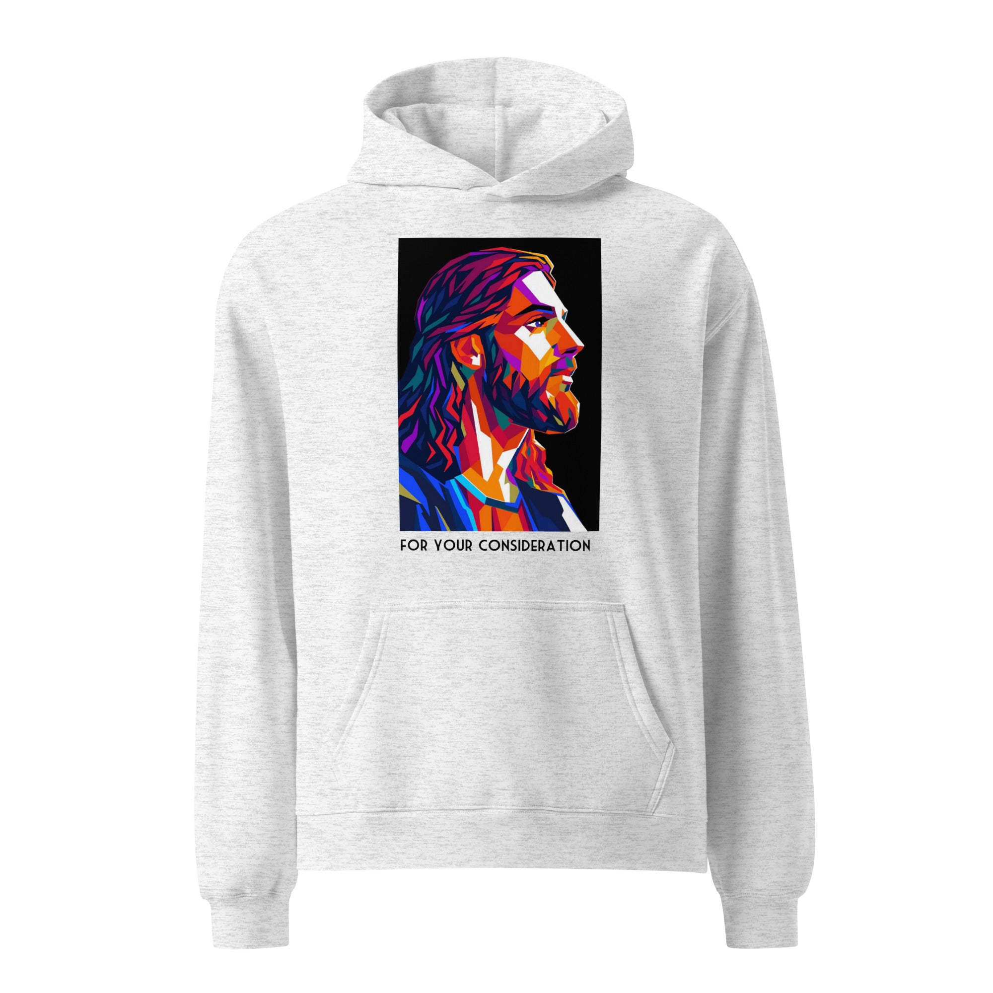 Product mockup of jesus hoodie with geometrical art 