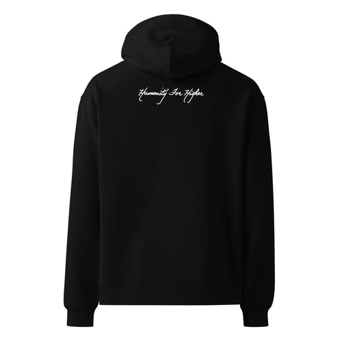 Product mockup for black believe hoodie backside that shows the Humanity for Higher logo in cursive white text