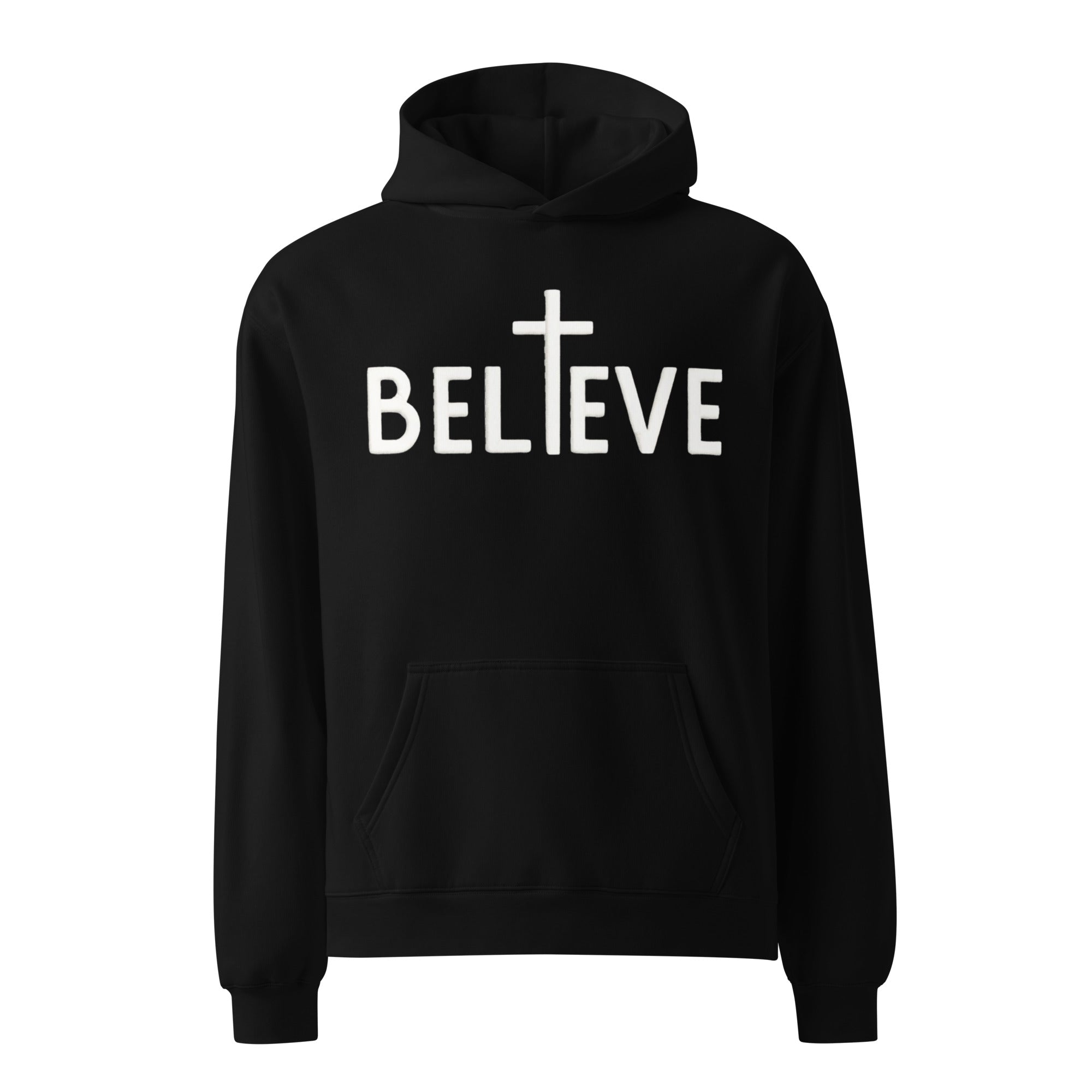 Product mockup for black hoodie with white text that says Believe with a cross replacing the I.