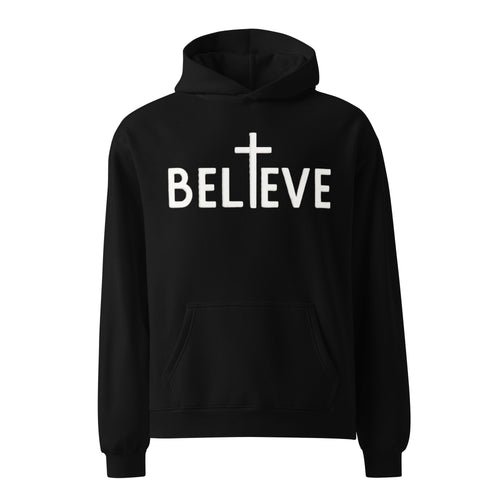 Product mockup for black hoodie with white text that says Believe with a cross replacing the I.
