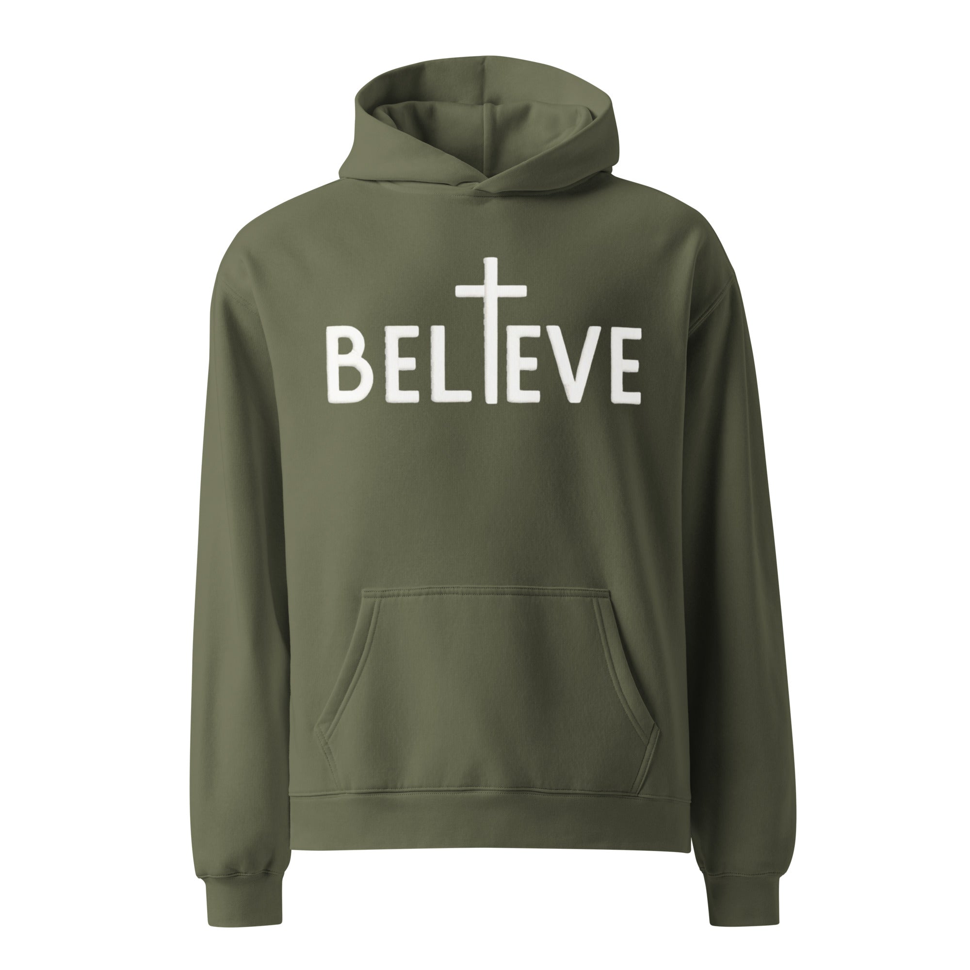 Product mockup for army green hoodie with white text that says Believe with a cross replacing the I.