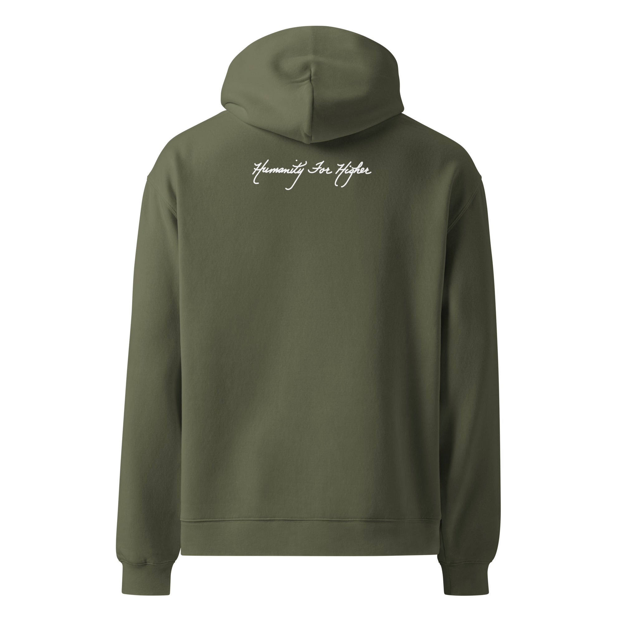 Product mockup of believe hoodie backside with Humanity for Higher logo in cursive white text on back.
